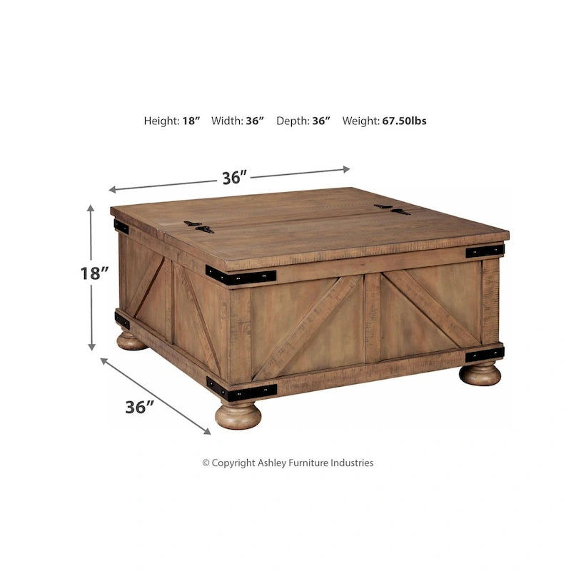 Tavolino da Salotto Contenitore Stile Rustico con Doppio Coperchio e Dettagli in Metallo – Grigio / Piano in Legno, Singolo