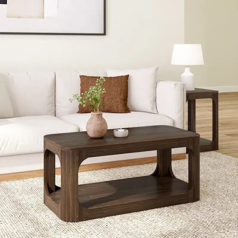 Tavolino moderno arrotondato in legno di pino con ripiano inferiore – Noce / Pecan, singolo