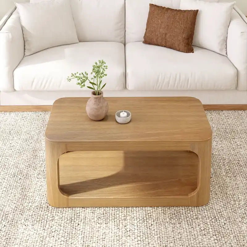 Tavolino moderno arrotondato in legno di pino con ripiano inferiore – Noce / Pecan, singolo