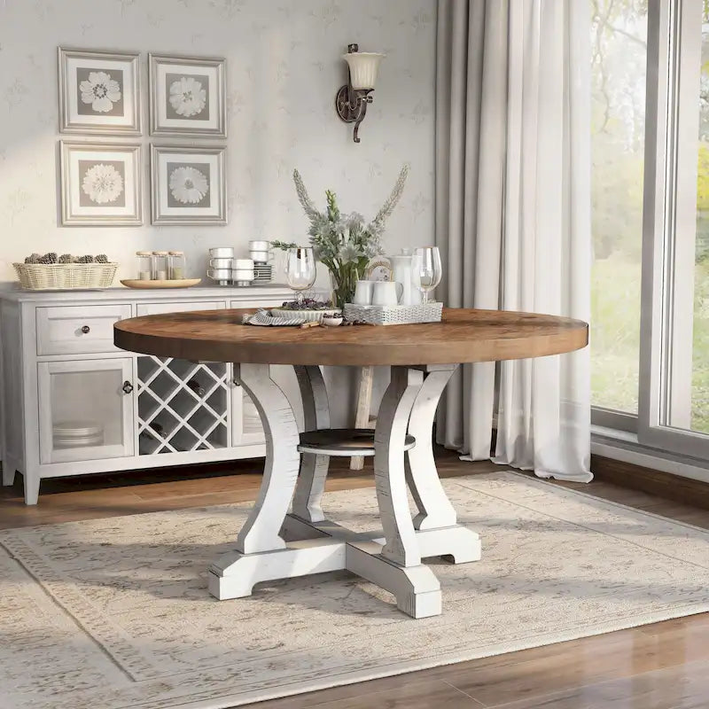 Tavolo da pranzo rotondo stile fattoria da 54 pollici con base a piedistallo e ripiano aperto – Bianco anticato / Blu / Azzurro / Grigio, 4–6 posti a sedere