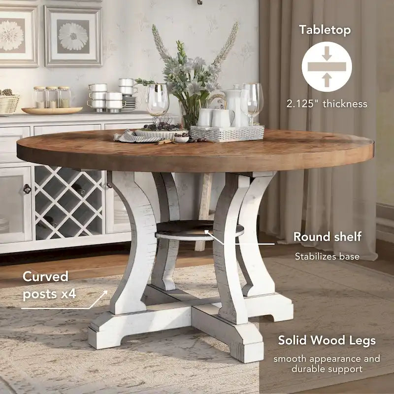Tavolo da pranzo rotondo stile fattoria da 54 pollici con base a piedistallo e ripiano aperto – Bianco anticato / Blu / Azzurro / Grigio, 4–6 posti a sedere