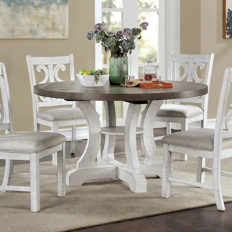 Tavolo da pranzo rotondo stile fattoria da 54 pollici con base a piedistallo e ripiano aperto – Bianco anticato / Blu / Azzurro / Grigio, 4–6 posti a sedere
