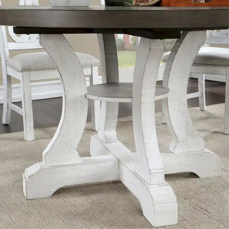 Tavolo da pranzo rotondo stile fattoria da 54 pollici con base a piedistallo e ripiano aperto – Bianco anticato / Blu / Azzurro / Grigio, 4–6 posti a sedere