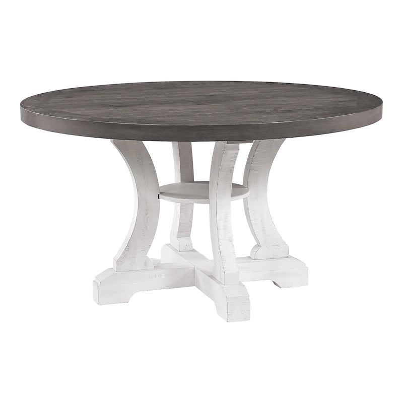 Tavolo da pranzo rotondo stile fattoria da 54 pollici con base a piedistallo e ripiano aperto – Bianco anticato / Blu / Azzurro / Grigio, 4–6 posti a sedere