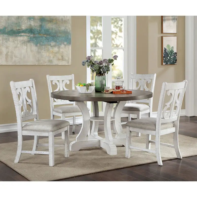 Tavolo da pranzo rotondo stile fattoria da 54 pollici con base a piedistallo e ripiano aperto – Bianco anticato / Blu / Azzurro / Grigio, 4–6 posti a sedere