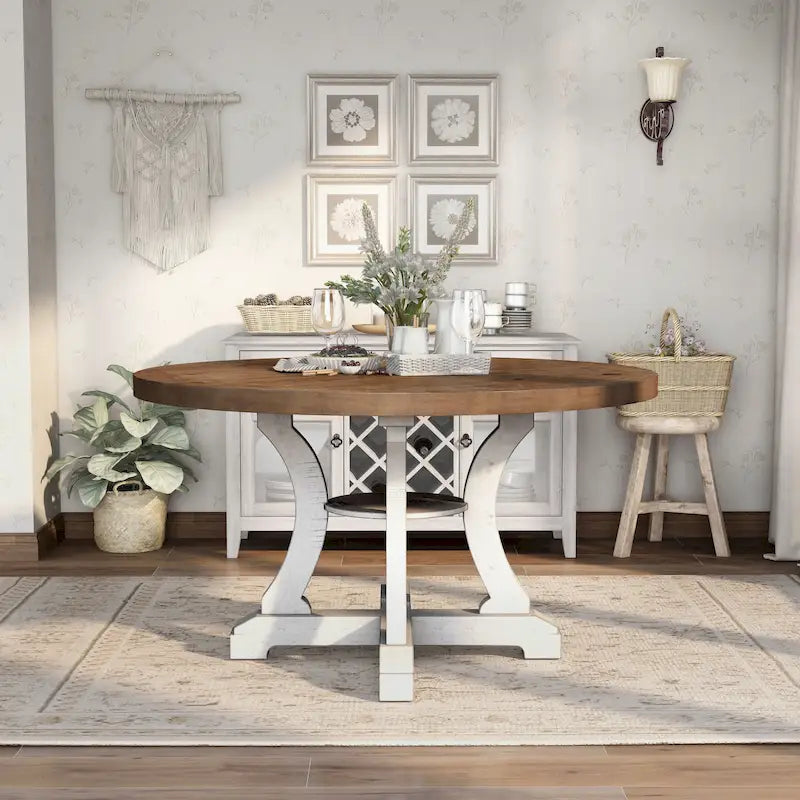 Tavolo da pranzo rotondo stile fattoria da 54 pollici con base a piedistallo e ripiano aperto – Bianco anticato / Blu / Azzurro / Grigio, 4–6 posti a sedere