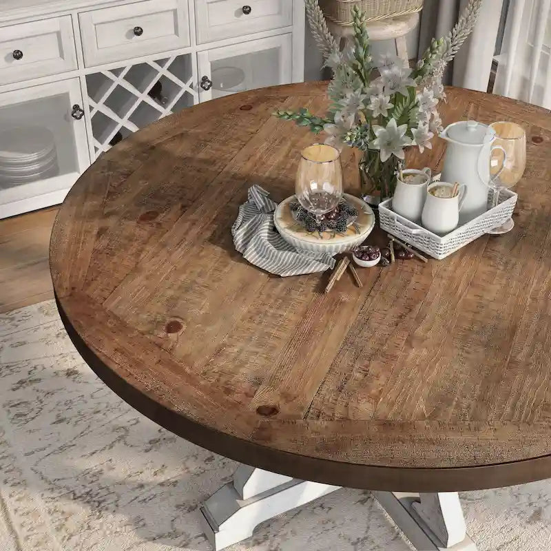 Tavolo da pranzo rotondo stile fattoria da 54 pollici con base a piedistallo e ripiano aperto – Bianco anticato / Blu / Azzurro / Grigio, 4–6 posti a sedere