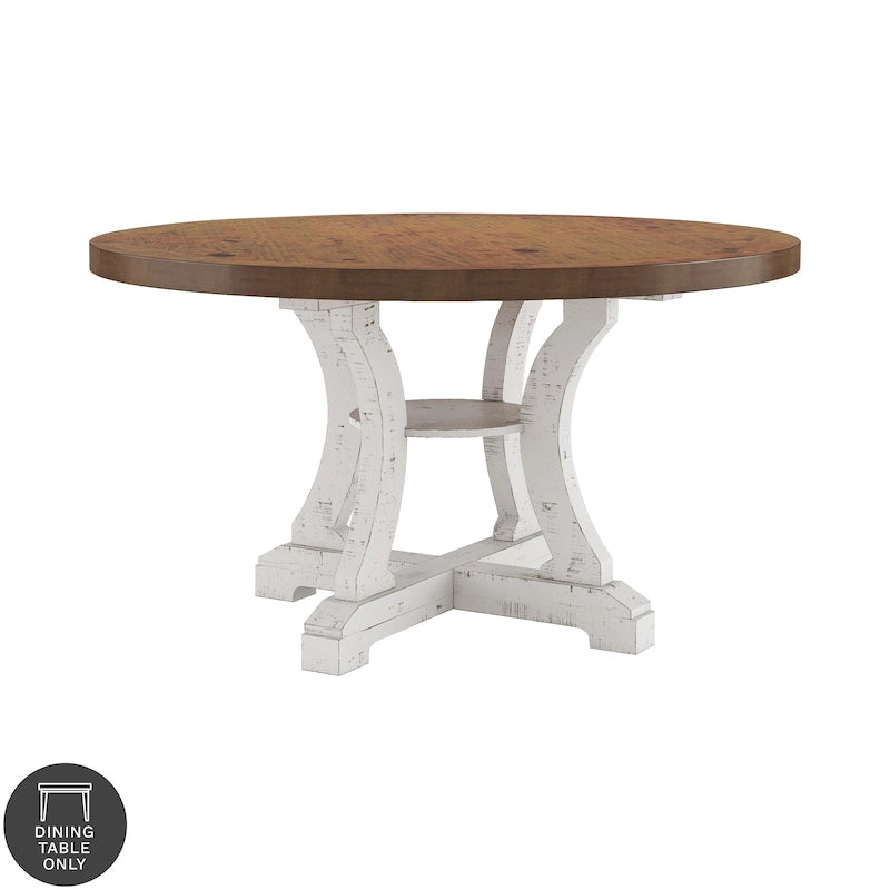 Tavolo da pranzo rotondo stile fattoria da 54 pollici con base a piedistallo e ripiano aperto – Bianco anticato / Blu / Azzurro / Grigio, 4–6 posti a sedere