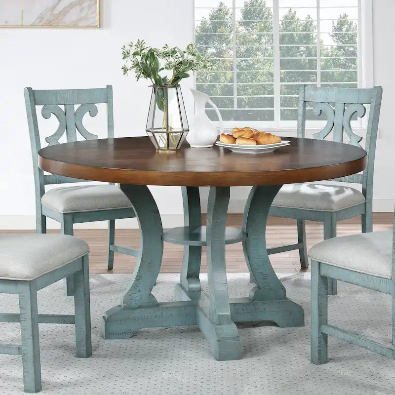 Tavolo da pranzo rotondo stile fattoria da 54 pollici con base a piedistallo e ripiano aperto – Bianco anticato / Blu / Azzurro / Grigio, 4–6 posti a sedere