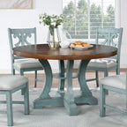 Tavolo da pranzo rotondo stile fattoria da 54 pollici con base a piedistallo e ripiano aperto – Bianco anticato / Blu / Azzurro / Grigio, 4–6 posti a sedere