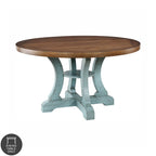 Tavolo da pranzo rotondo stile fattoria da 54 pollici con base a piedistallo e ripiano aperto – Bianco anticato / Blu / Azzurro / Grigio, 4–6 posti a sedere