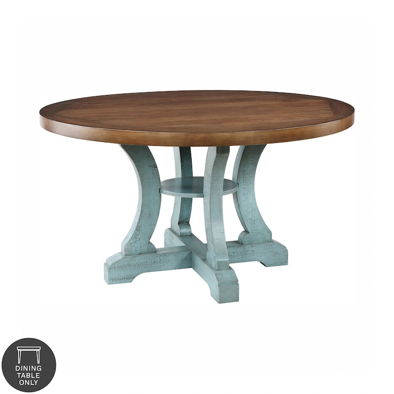 Tavolo da pranzo rotondo stile fattoria da 54 pollici con base a piedistallo e ripiano aperto – Bianco anticato / Blu / Azzurro / Grigio, 4–6 posti a sedere