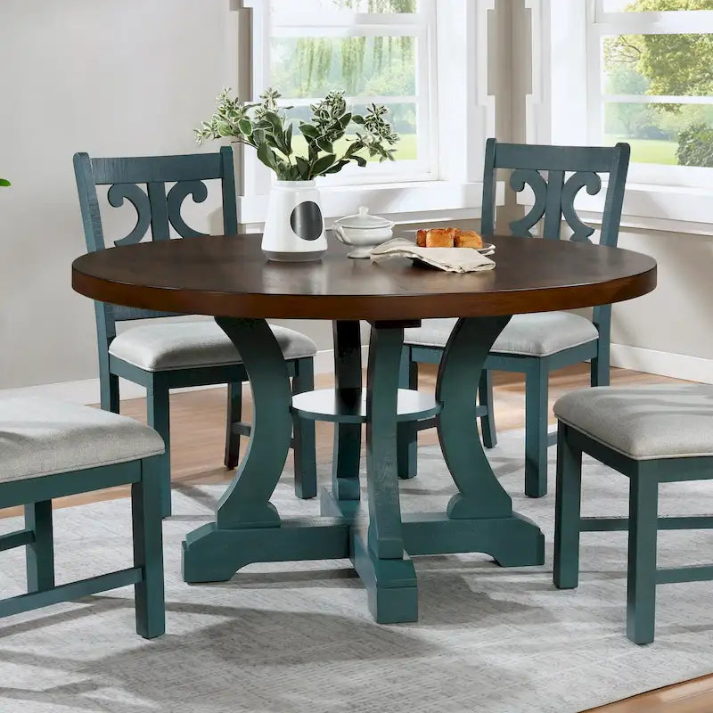 Tavolo da pranzo rotondo stile fattoria da 54 pollici con base a piedistallo e ripiano aperto – Bianco anticato / Blu / Azzurro / Grigio, 4–6 posti a sedere