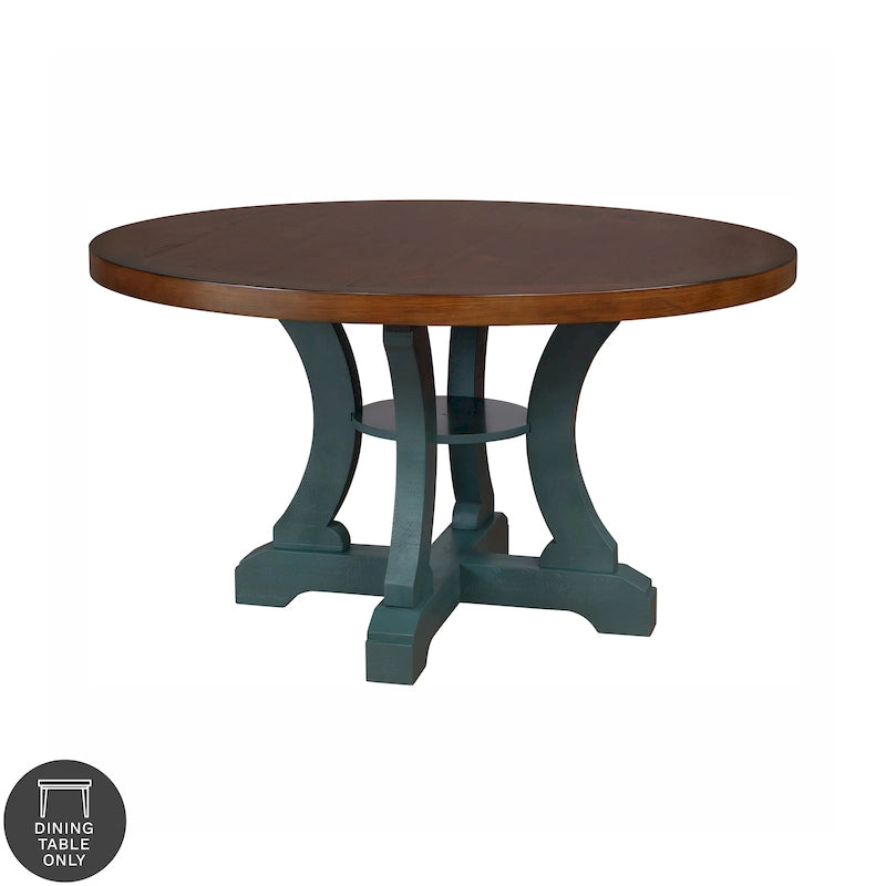 Tavolo da pranzo rotondo stile fattoria da 54 pollici con base a piedistallo e ripiano aperto – Bianco anticato / Blu / Azzurro / Grigio, 4–6 posti a sedere
