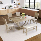 Set pranzo in legno massello con gambe a mezzaluna, 4 sedie e panca – Naturale / Grigio, 6 posti a sedere