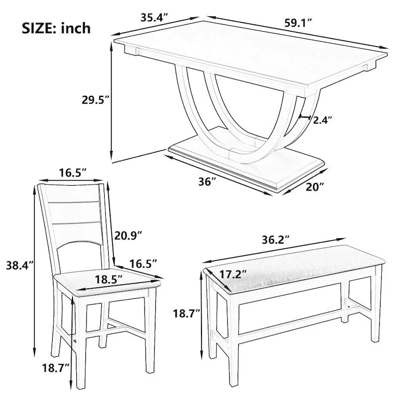 Set pranzo in legno massello con gambe a mezzaluna, 4 sedie e panca – Naturale / Grigio, 6 posti a sedere