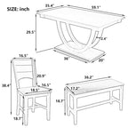 Set pranzo in legno massello con gambe a mezzaluna, 4 sedie e panca – Naturale / Grigio, 6 posti a sedere