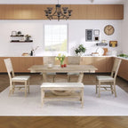 Set pranzo in legno massello con gambe a mezzaluna, 4 sedie e panca – Naturale / Grigio, 6 posti a sedere