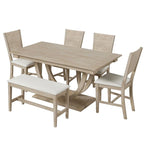 Set pranzo in legno massello con gambe a mezzaluna, 4 sedie e panca – Naturale / Grigio, 6 posti a sedere