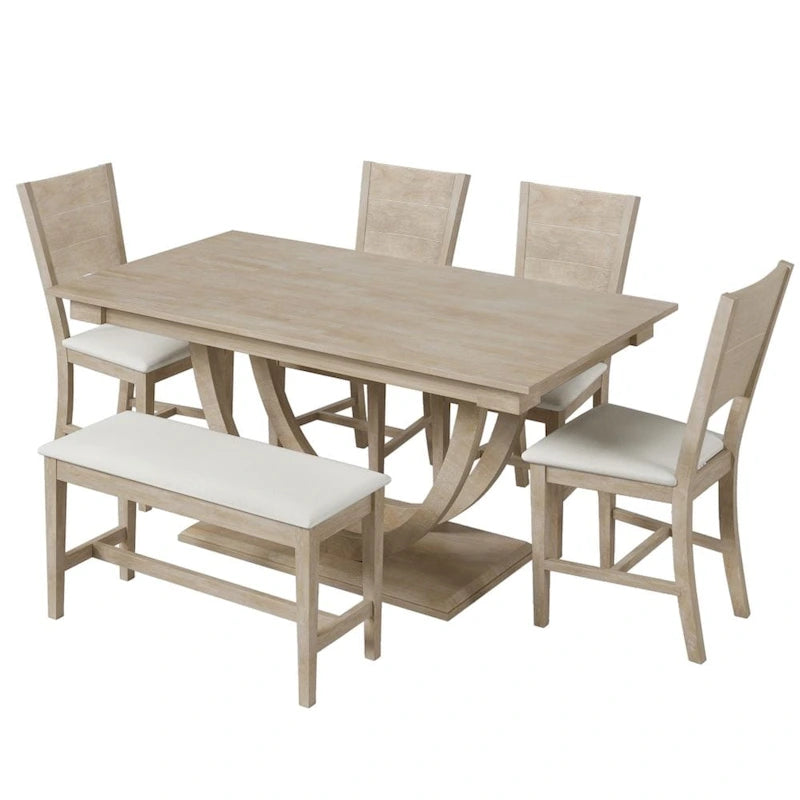 Set pranzo in legno massello con gambe a mezzaluna, 4 sedie e panca – Naturale / Grigio, 6 posti a sedere