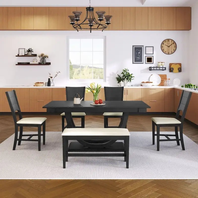 Set pranzo in legno massello con gambe a mezzaluna, 4 sedie e panca – Naturale / Grigio, 6 posti a sedere