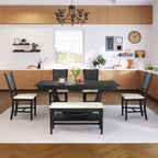 Set pranzo in legno massello con gambe a mezzaluna, 4 sedie e panca – Naturale / Grigio, 6 posti a sedere