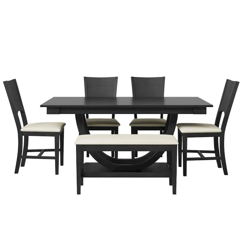 Set pranzo in legno massello con gambe a mezzaluna, 4 sedie e panca – Naturale / Grigio, 6 posti a sedere