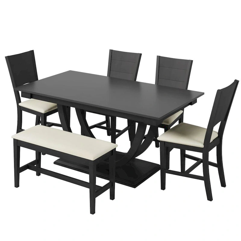 Set pranzo in legno massello con gambe a mezzaluna, 4 sedie e panca – Naturale / Grigio, 6 posti a sedere