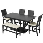 Set pranzo in legno massello con gambe a mezzaluna, 4 sedie e panca – Naturale / Grigio, 6 posti a sedere