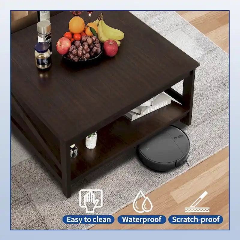 Tavolino da Caffè Quadrato Industriale Mid-Century a 2 Livelli con Piano Antigraffio e Telaio a Barra Obliqua – Espresso / Grigio Scuro / Marrone+Bianco, Singolo