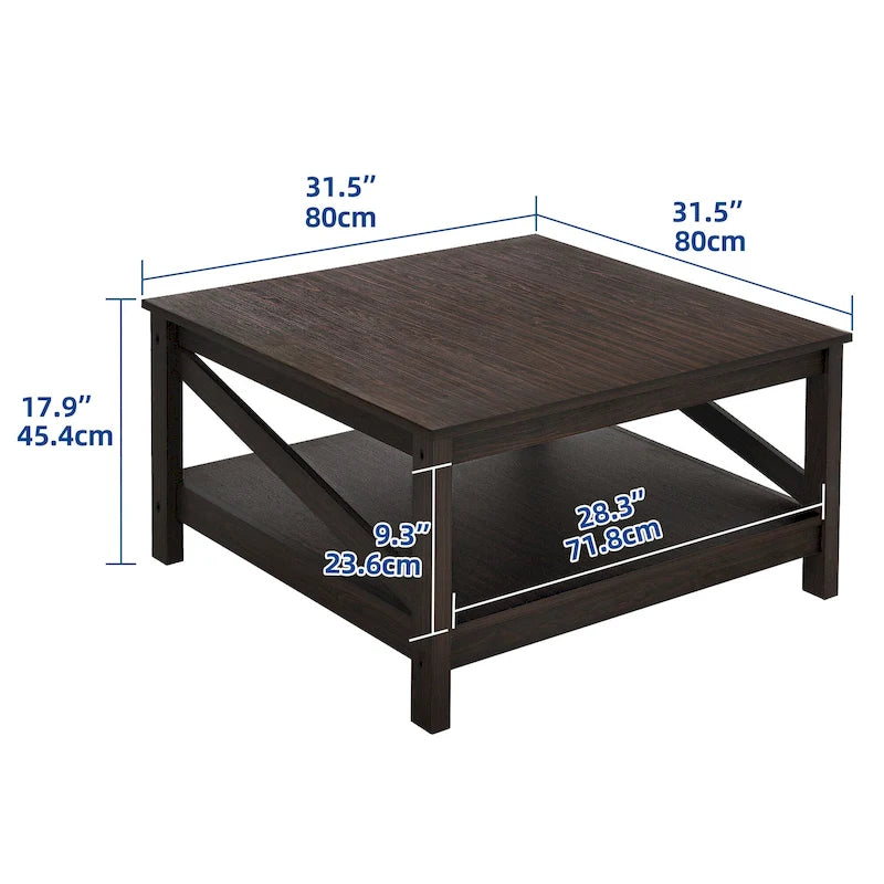 Tavolino da Caffè Quadrato Industriale Mid-Century a 2 Livelli con Piano Antigraffio e Telaio a Barra Obliqua – Espresso / Grigio Scuro / Marrone+Bianco, Singolo