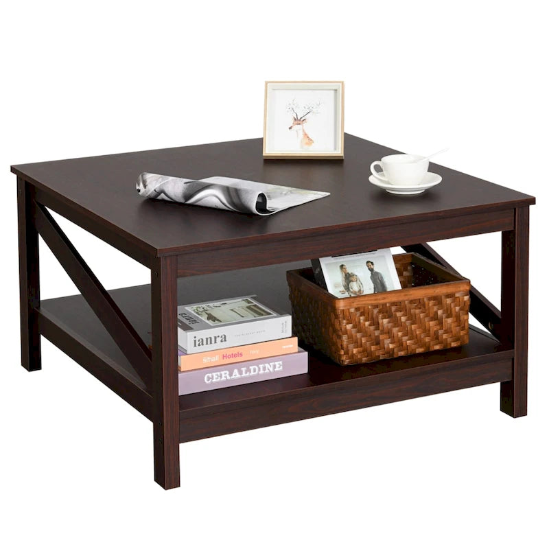 Tavolino da Caffè Quadrato Industriale Mid-Century a 2 Livelli con Piano Antigraffio e Telaio a Barra Obliqua – Espresso / Grigio Scuro / Marrone+Bianco, Singolo