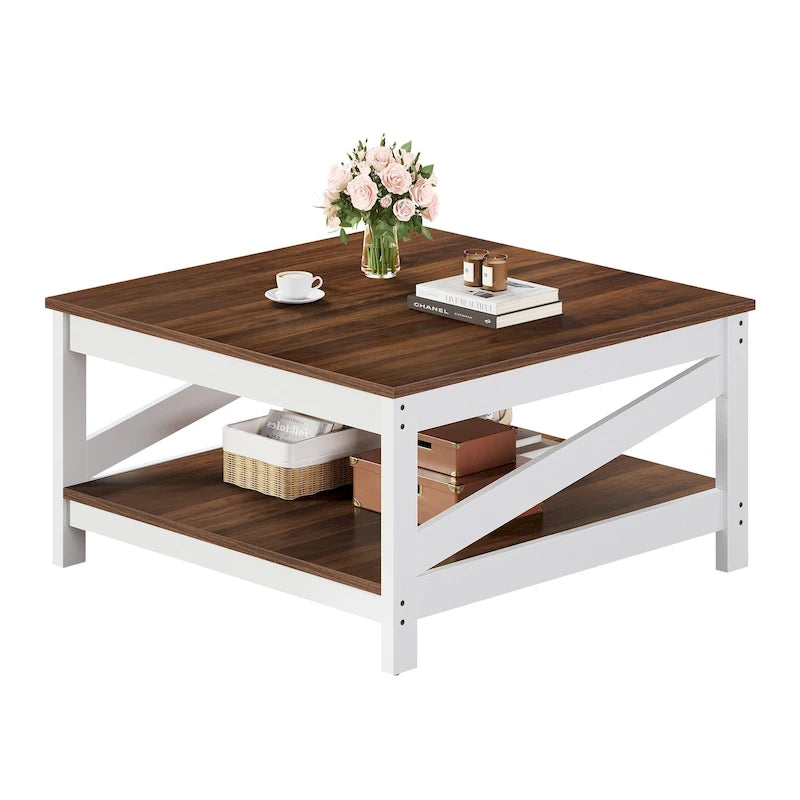 Tavolino da Caffè Quadrato Industriale Mid-Century a 2 Livelli con Piano Antigraffio e Telaio a Barra Obliqua – Espresso / Grigio Scuro / Marrone+Bianco, Singolo