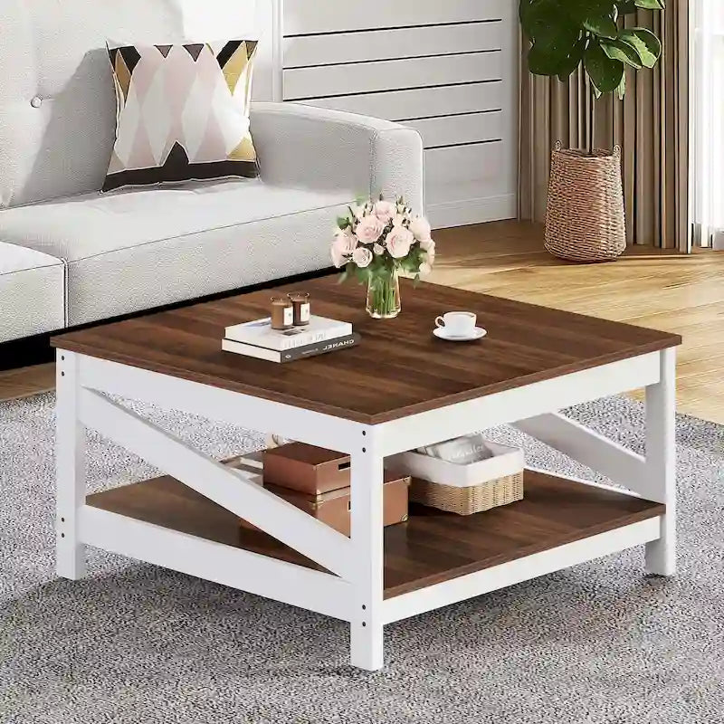 Tavolino da Caffè Quadrato Industriale Mid-Century a 2 Livelli con Piano Antigraffio e Telaio a Barra Obliqua – Espresso / Grigio Scuro / Marrone+Bianco, Singolo
