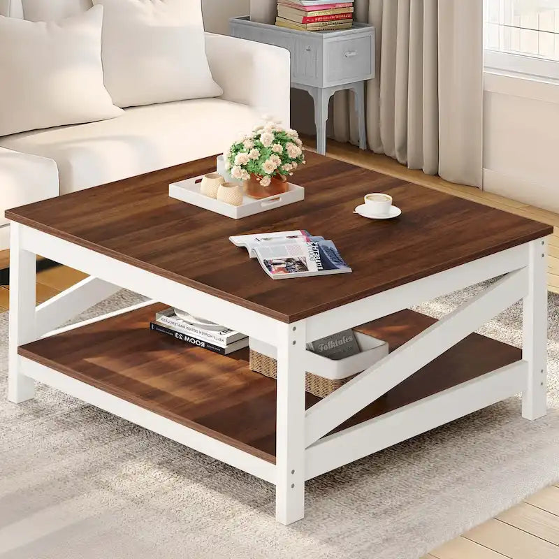 Tavolino da Caffè Quadrato Industriale Mid-Century a 2 Livelli con Piano Antigraffio e Telaio a Barra Obliqua – Espresso / Grigio Scuro / Marrone+Bianco, Singolo