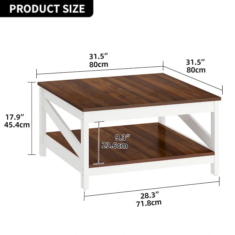 Tavolino da Caffè Quadrato Industriale Mid-Century a 2 Livelli con Piano Antigraffio e Telaio a Barra Obliqua – Espresso / Grigio Scuro / Marrone+Bianco, Singolo