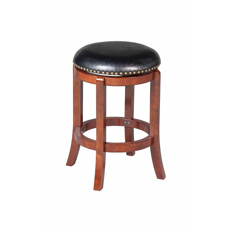 Sgabello da Bar Senza Schienale Girevole a 360° Ad Altezza Bancone con Sedile in Ecopelle e Rifiniture Borchiate – Nero / Cappuccino / Ciliegio / Bianco, Singolo