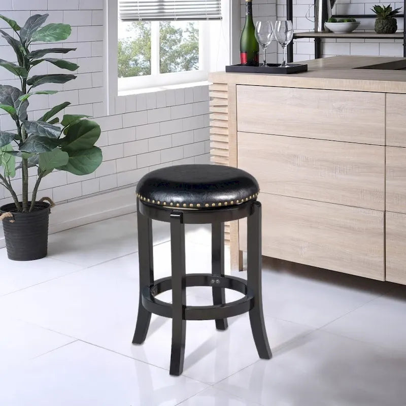 Sgabello da Bar Senza Schienale Girevole a 360° Ad Altezza Bancone con Sedile in Ecopelle e Rifiniture Borchiate – Nero / Cappuccino / Ciliegio / Bianco, Singolo