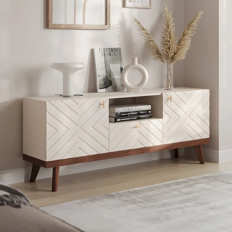 Mobile TV consolle scandinavo di metà secolo con cassetto e 3 ante – Beige / Grigio / Bianco / Marrone, Singolo, Adatto a TV fino a 65"