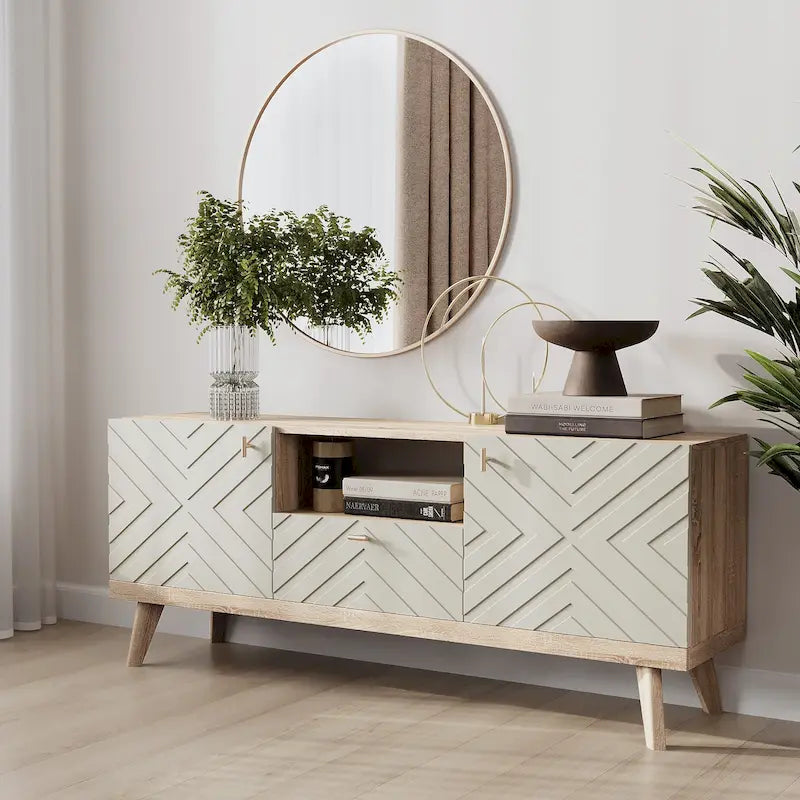 Mobile TV consolle scandinavo di metà secolo con cassetto e 3 ante – Beige / Grigio / Bianco / Marrone, Singolo, Adatto a TV fino a 65"