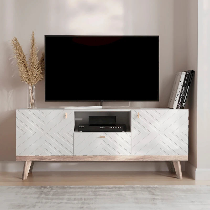 Mobile TV consolle scandinavo di metà secolo con cassetto e 3 ante – Beige / Grigio / Bianco / Marrone, Singolo, Adatto a TV fino a 65"
