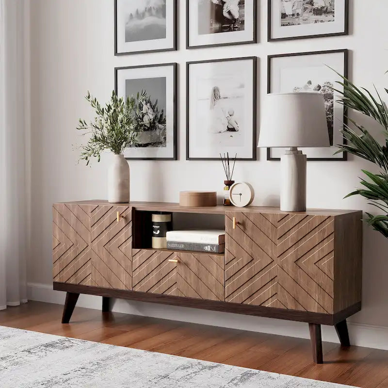 Mobile TV consolle scandinavo di metà secolo con cassetto e 3 ante – Beige / Grigio / Bianco / Marrone, Singolo, Adatto a TV fino a 65"