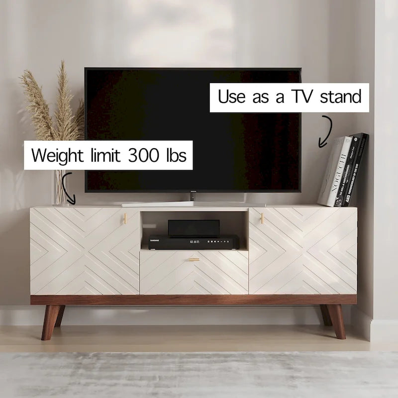 Mobile TV consolle scandinavo di metà secolo con cassetto e 3 ante – Beige / Grigio / Bianco / Marrone, Singolo, Adatto a TV fino a 65"