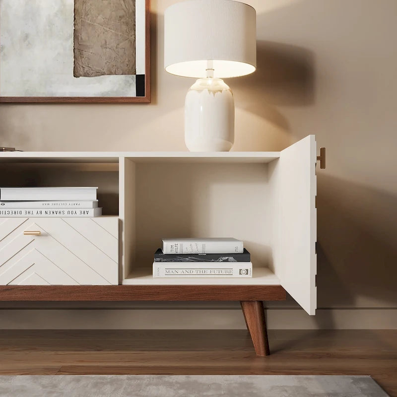 Mobile TV consolle scandinavo di metà secolo con cassetto e 3 ante – Beige / Grigio / Bianco / Marrone, Singolo, Adatto a TV fino a 65"