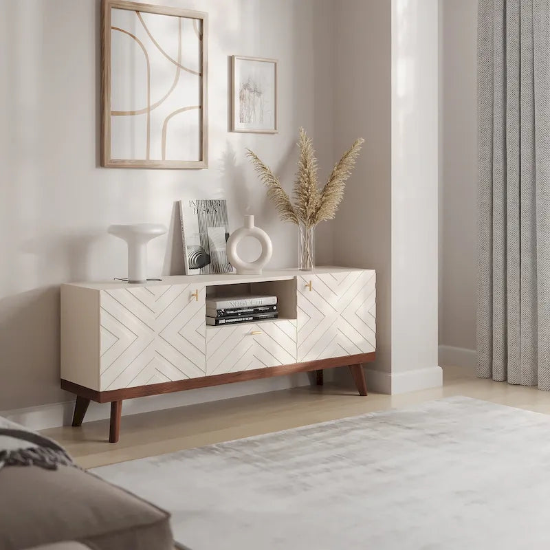 Mobile TV consolle scandinavo di metà secolo con cassetto e 3 ante – Beige / Grigio / Bianco / Marrone, Singolo, Adatto a TV fino a 65"