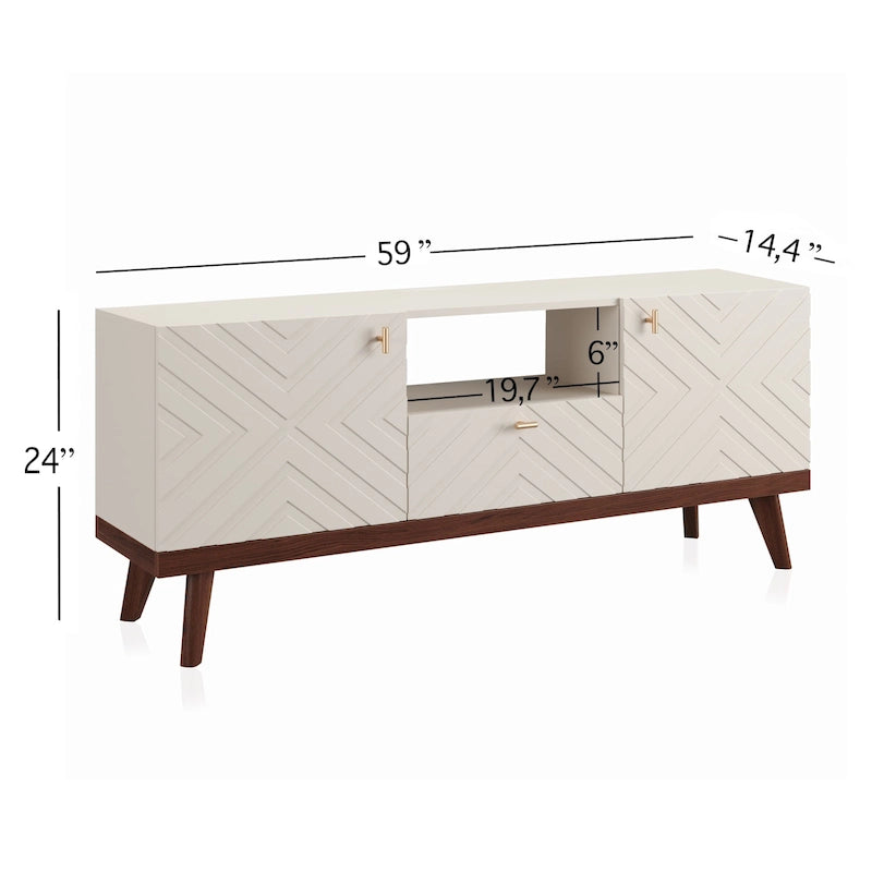 Mobile TV consolle scandinavo di metà secolo con cassetto e 3 ante – Beige / Grigio / Bianco / Marrone, Singolo, Adatto a TV fino a 65"