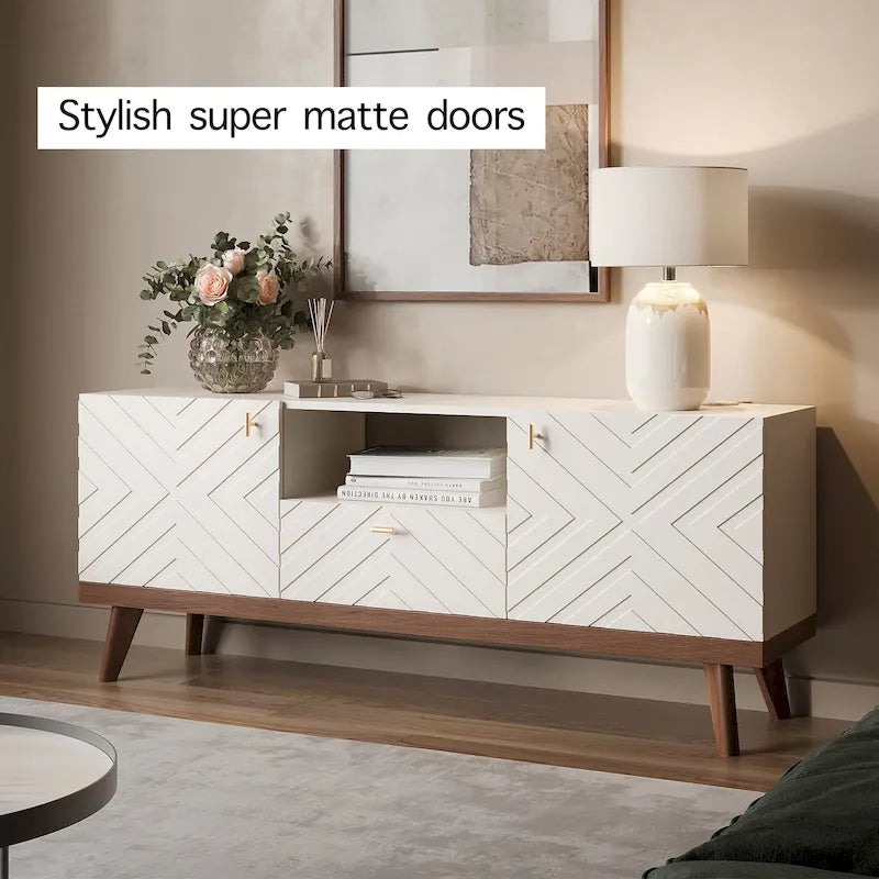 Mobile TV consolle scandinavo di metà secolo con cassetto e 3 ante – Beige / Grigio / Bianco / Marrone, Singolo, Adatto a TV fino a 65"