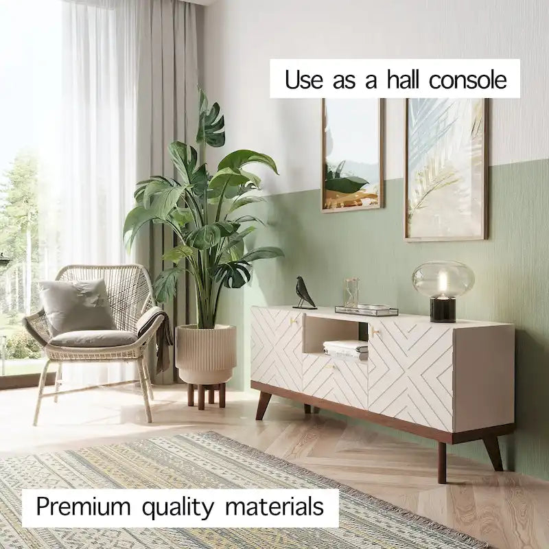 Mobile TV consolle scandinavo di metà secolo con cassetto e 3 ante – Beige / Grigio / Bianco / Marrone, Singolo, Adatto a TV fino a 65"