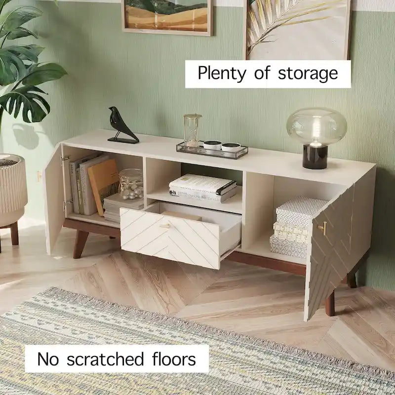 Mobile TV consolle scandinavo di metà secolo con cassetto e 3 ante – Beige / Grigio / Bianco / Marrone, Singolo, Adatto a TV fino a 65"