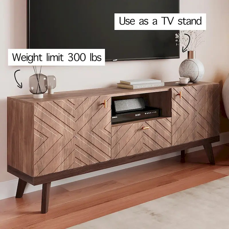 Mobile TV consolle scandinavo di metà secolo con cassetto e 3 ante – Beige / Grigio / Bianco / Marrone, Singolo, Adatto a TV fino a 65"